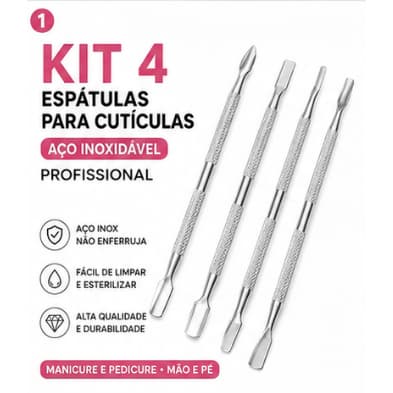 Kit 4 Espátulas Inox para Cutículas Manicure e Pedicure Removedor de Cutícula Profissional