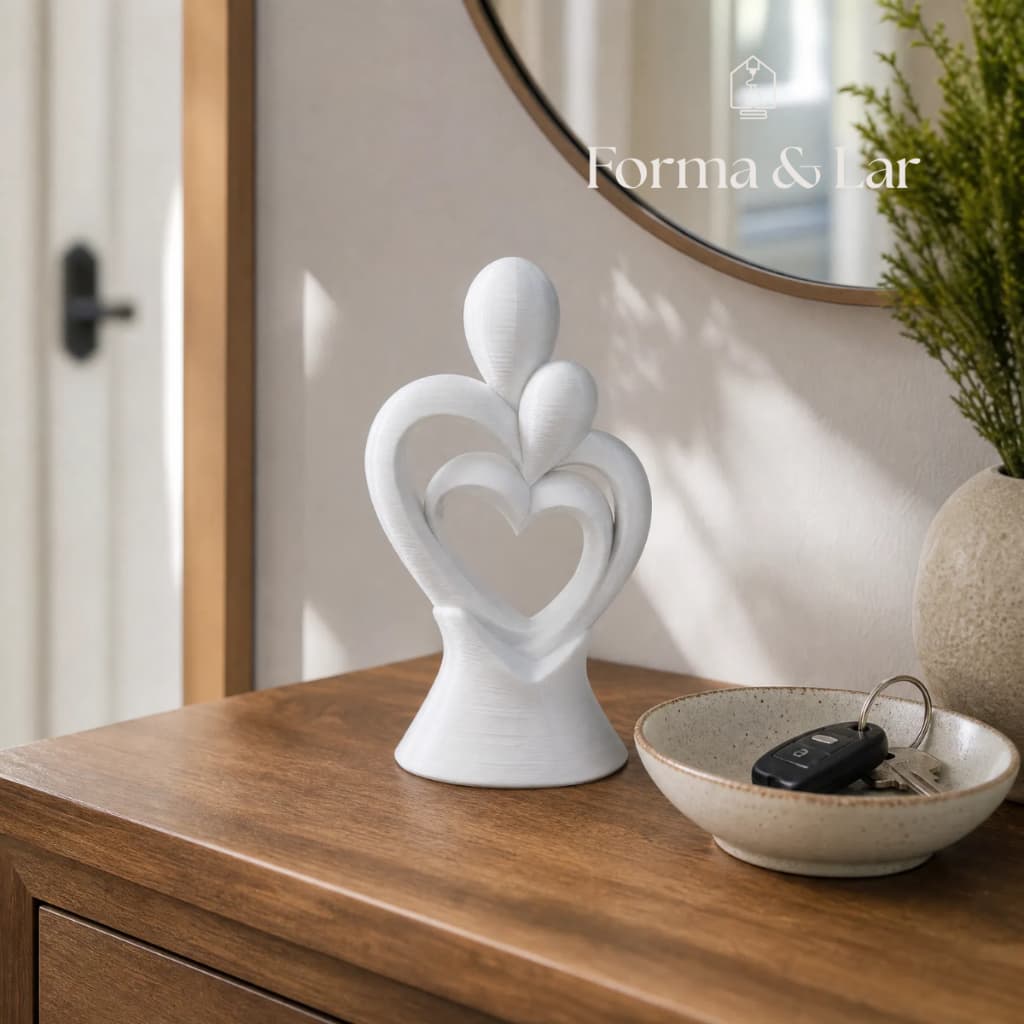Escultura Casal Decorativa 13cm Branco e Preto Coração Enfeite Sala Quarto Presente Casamento Namorados