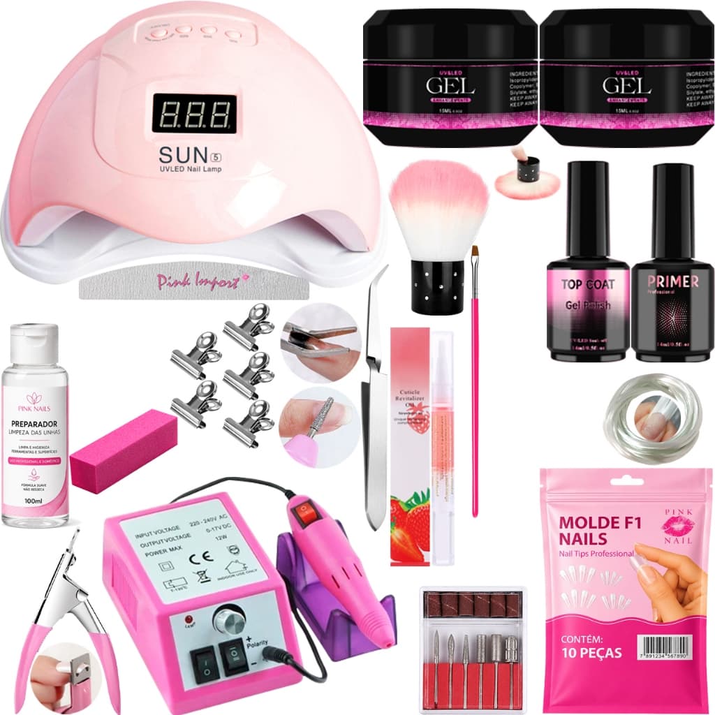 Kit Manicure Unhas de Gel Lixadeira Elétrica Cabine Sun Lixas Tips Copo Dappen Moldes Fibra