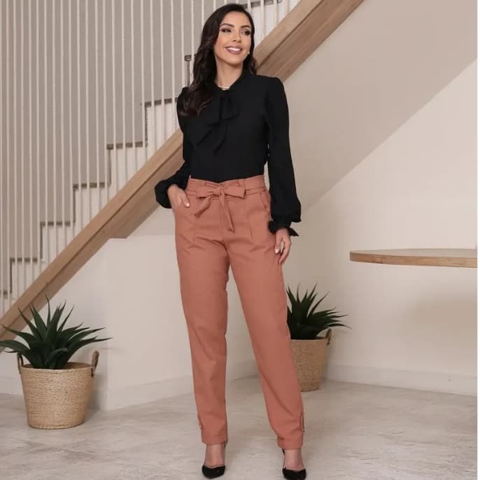 Calça Linho Feminina Alfaiataria Jogger Social Cintura Alta Elastico Cinto Laço Bolso