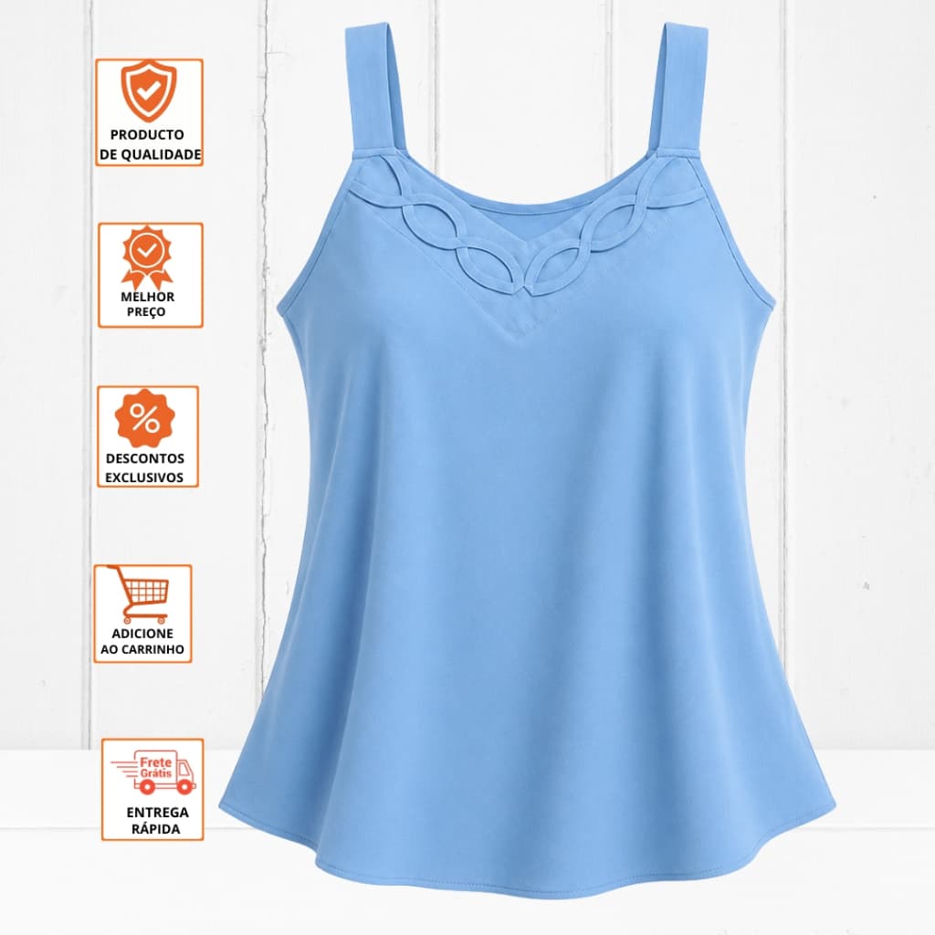 Blusa Feminina Duna Regata Lisa Decote Trabalhado Leve Moda Verão Tendência