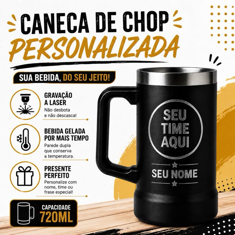 Caneca Térmica de Chopp 720ml – Personalize com Seu Time