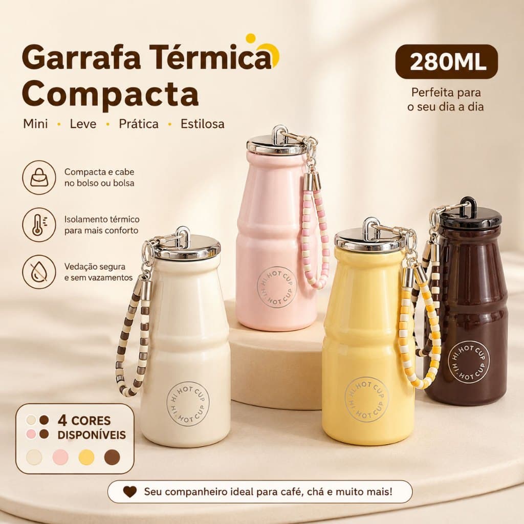 Garrafa Térmica Isolada 280ml Aço Inoxidável SUS316 Leve Prática Estilosa Mantém Bebidas Quentes e Geladas ao Ar Livre