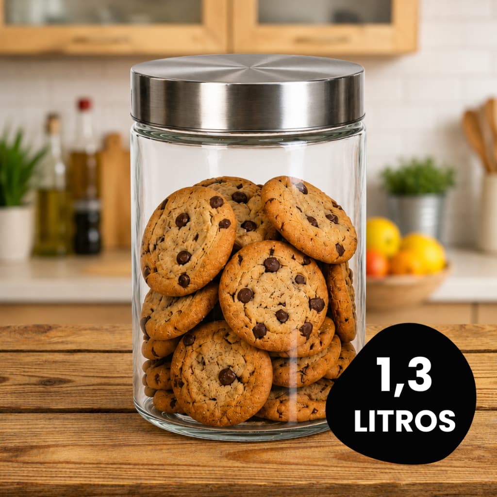 Pote De Vidro Redondo Com Tampa De Rosca Inox 1,3L Resistente