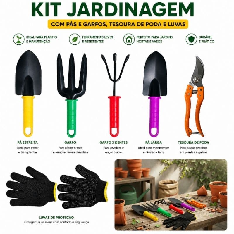 Conjunto Kit 6 Pçs P/ Jardinagem Jardim Poda Tesoura Luva