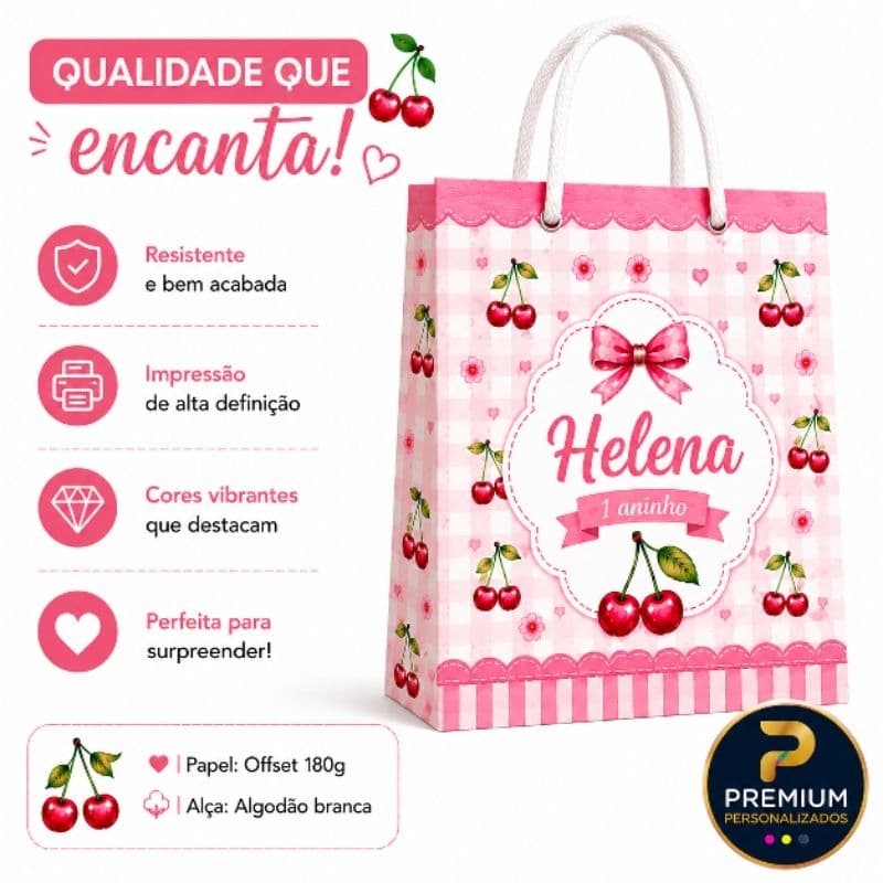 🍒 Sacolinha Personalizada Cerejinha | Lembrancinha Aniversário Infantil | Papel Offset 180g ou Fotográfico 180g