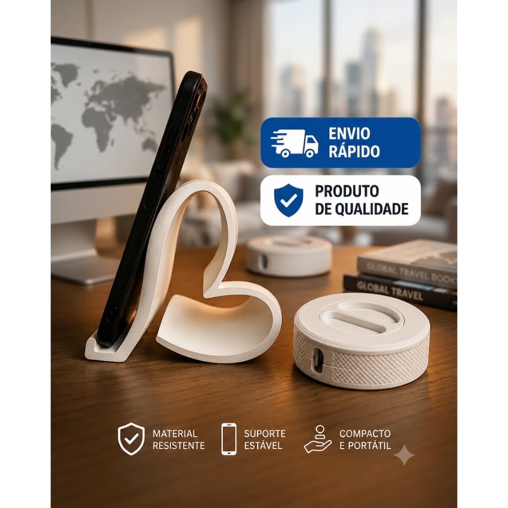 Kit Suporte Coração para Celular com Organizador de Cabos, Suporte para Celular em Formato de Coração