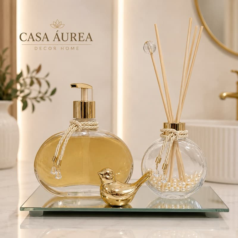 kit Aromatizador Vidros Luxo - Difusor Varetas e Porta Sabonete Lavabo e Decoração de Casa-Bandeja e Passarinho Dourado.