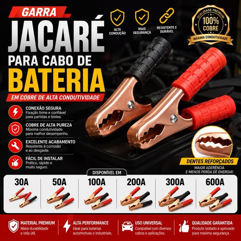 Kit Garra Jacaré 2un Para Chupeta e Cabo de Bateria Automotiva Profissional 30 50 100 200 300 600A