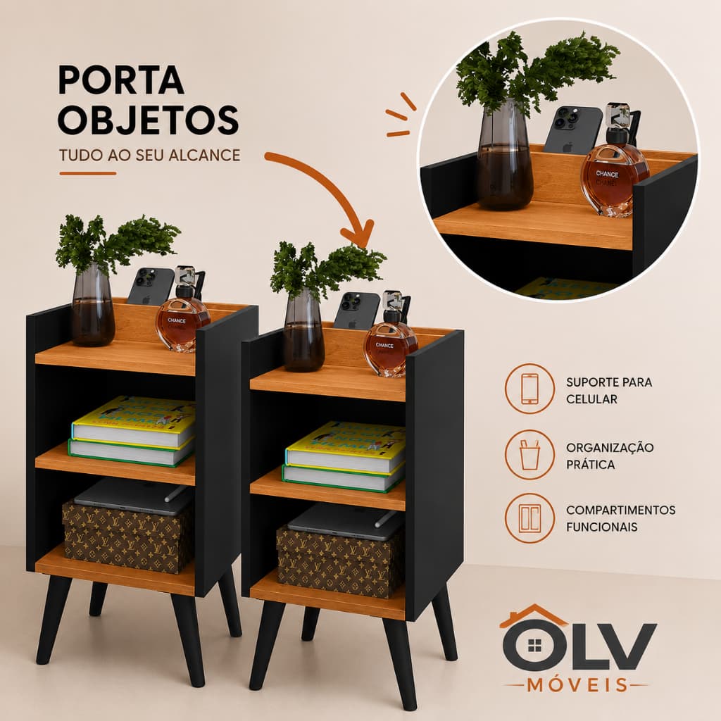 Kit 2 Mesas de Cabeceira Max Moderna com Nicho Suporte de Celular Compacta Organizador para Quarto