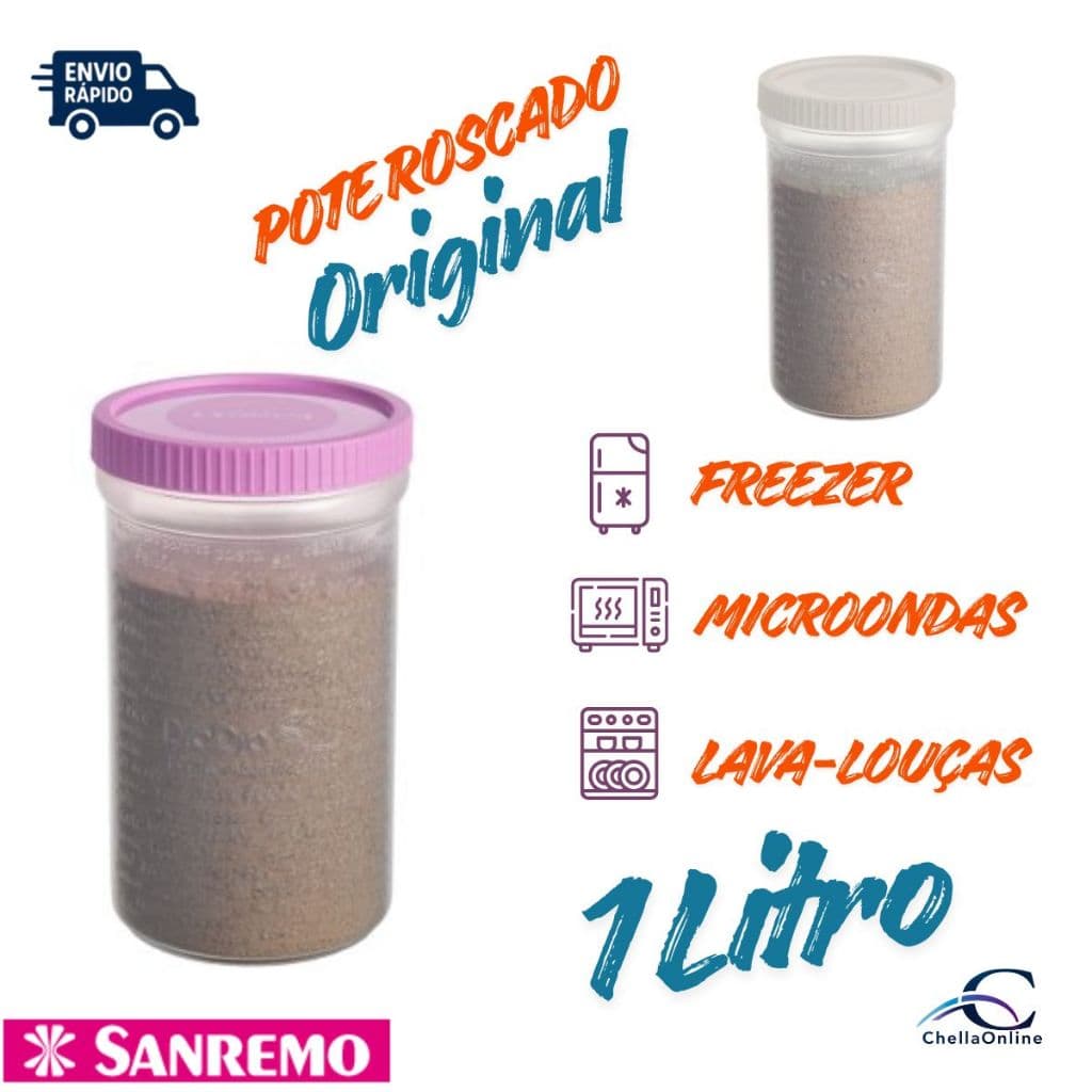 Porta Mantimento Roscado Plástico Sanremo 1 Litro Original Atóxico Micro-Ondas Freezer Lava-Louças