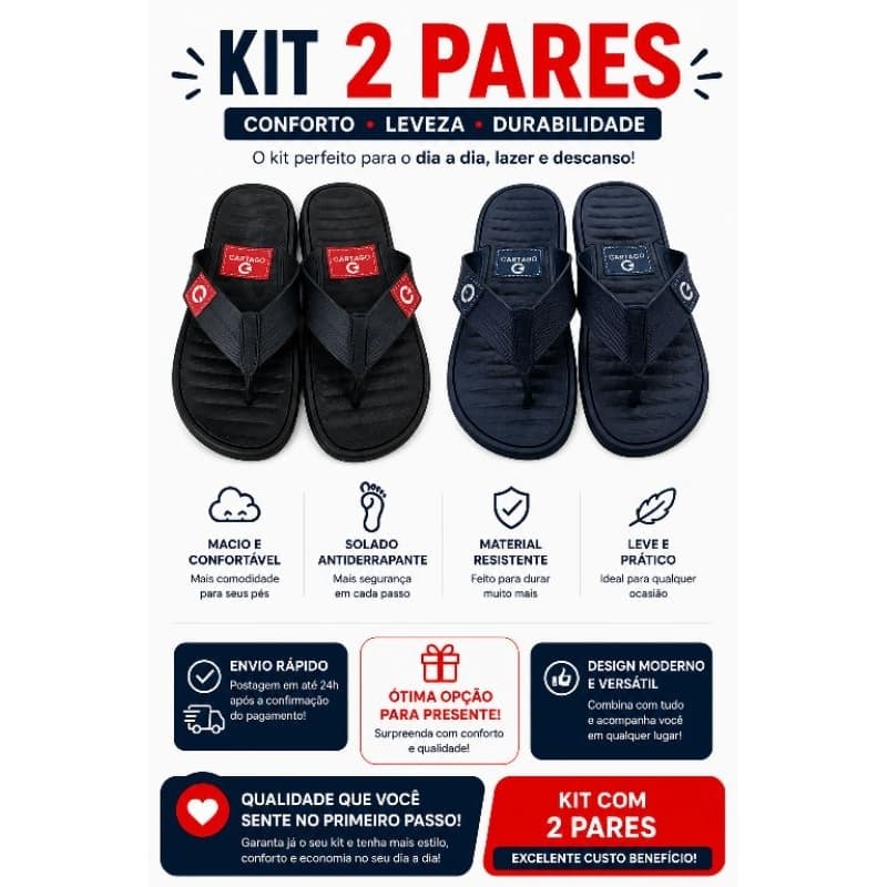 Kit 2 Pares Chinelo Masculino Confortável Antiderrapante Macio e Resistente – Conforto em Dobro