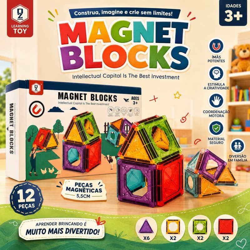 Bloco De Montar Magnetico Infantil Magnet Blocks 12 Peças Educar 3+