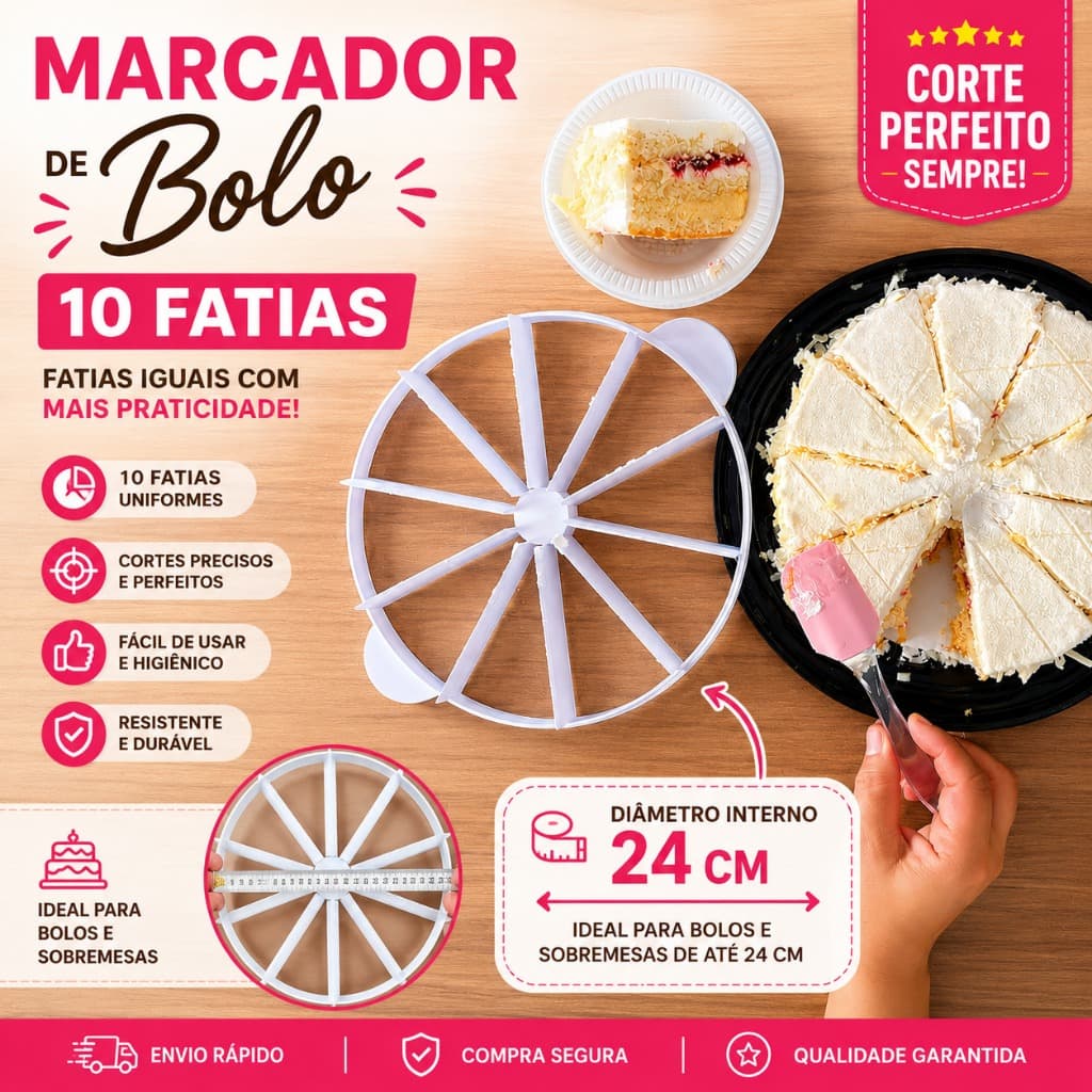 PROMOÇÃO Marcador de Bolo 10 Fatias 24cm Divisor de Fatias Iguais para Confeitaria Bolos Doces Sobremesas Festa