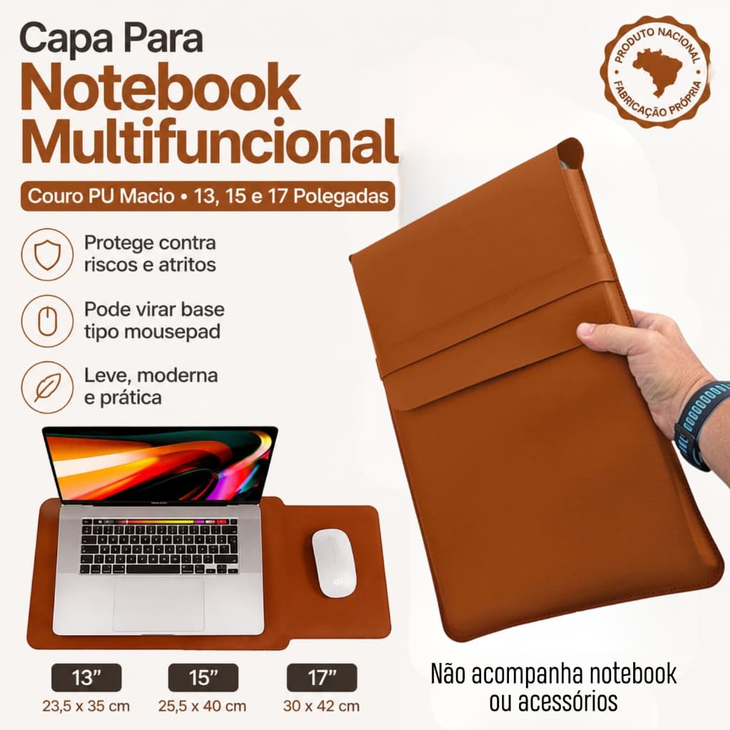 Capa Para Notebook Multifuncional Macia De Couro PU Macbook Air Pro 13, 15 e 17 Polegadas Bolsa MousePad