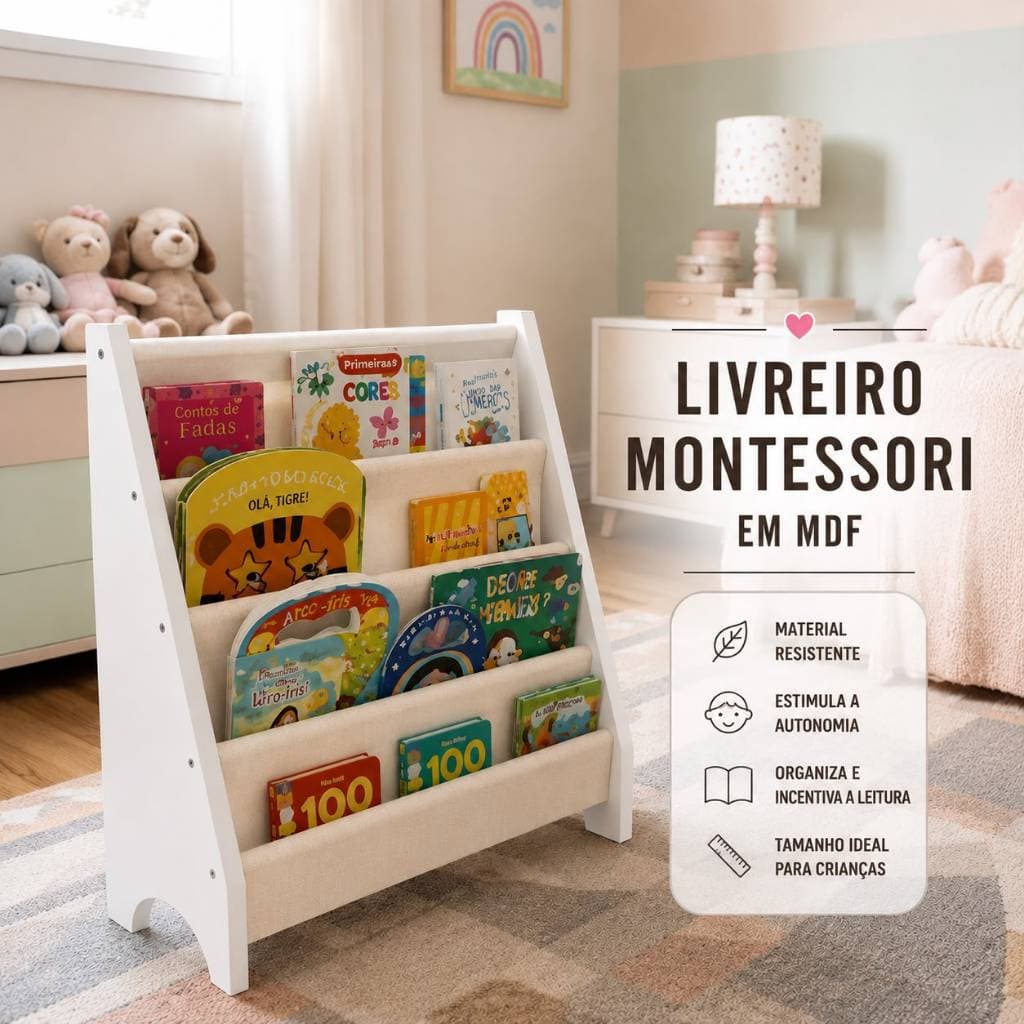 Livreiro Montessori Infantil em MDF Branco Organizador de Livros Estante Rack Estimula a Leitura