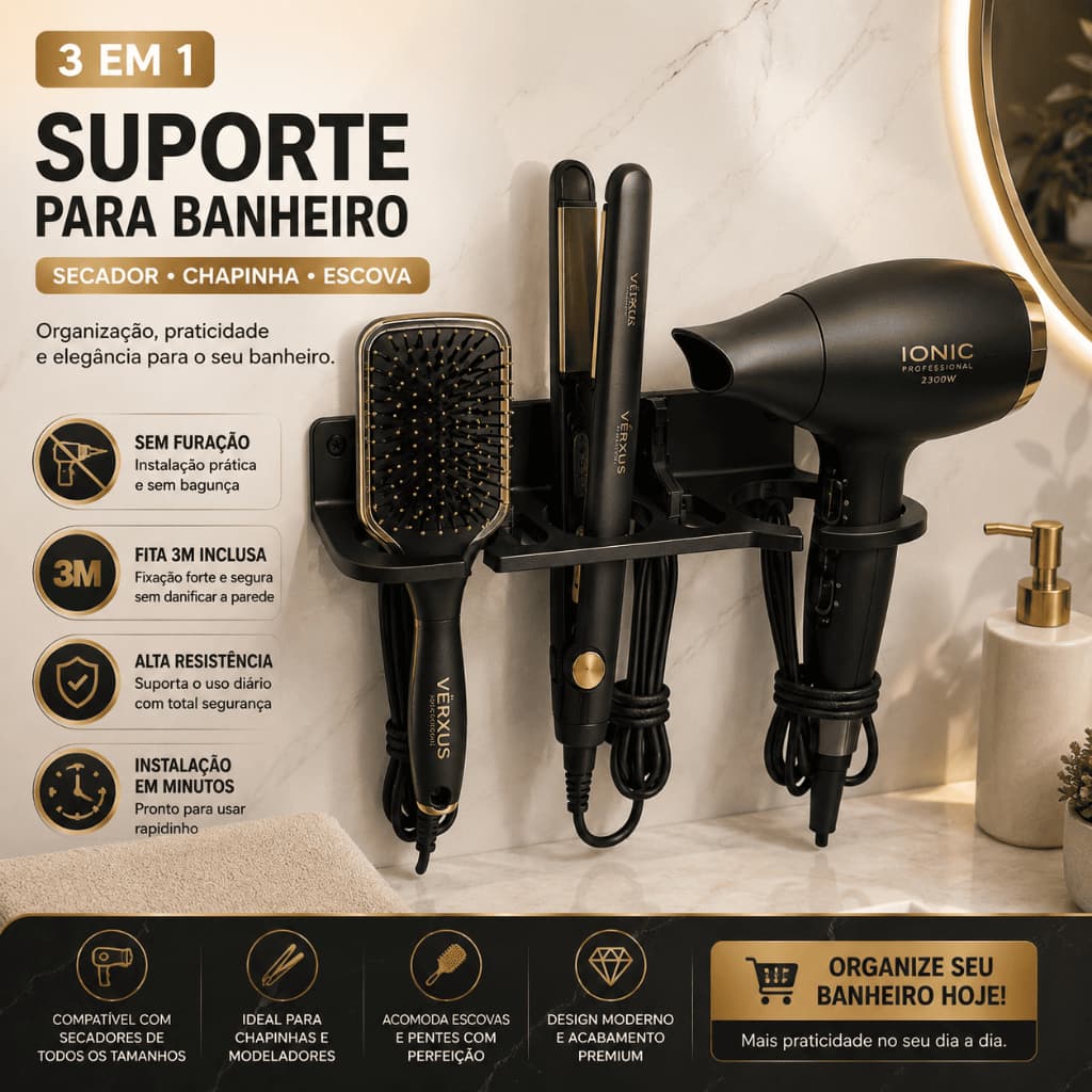 Suporte Multifuncional 3 em 1 para Secador Chapinha Babyliss Escova Secadora Organizador de Parede Universal
