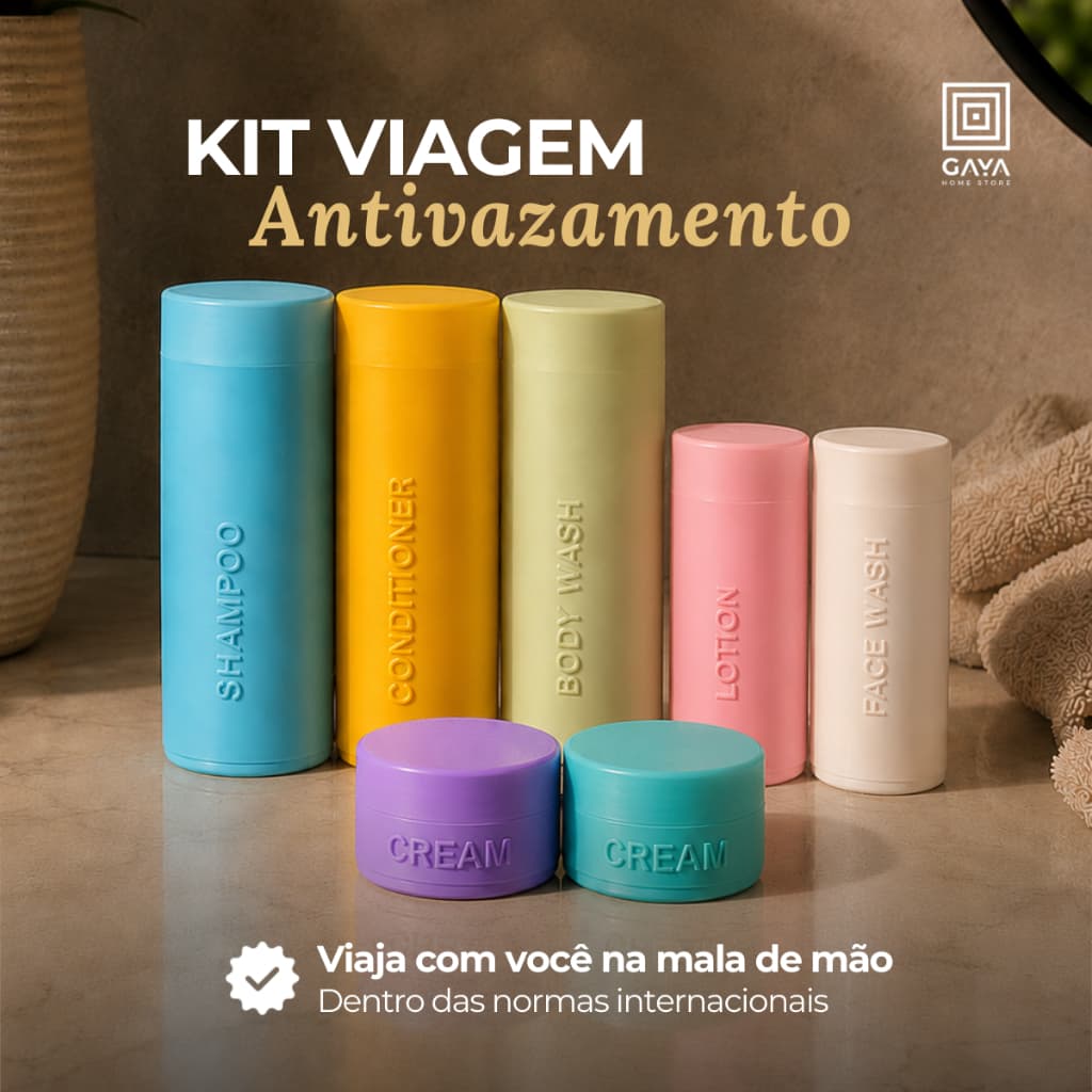 🇧🇷 Kit Viagem 7 Frascos Rígidos Antivazamento | Nacional | Tamanho Pequeno (75ml) e Grande (100ml)