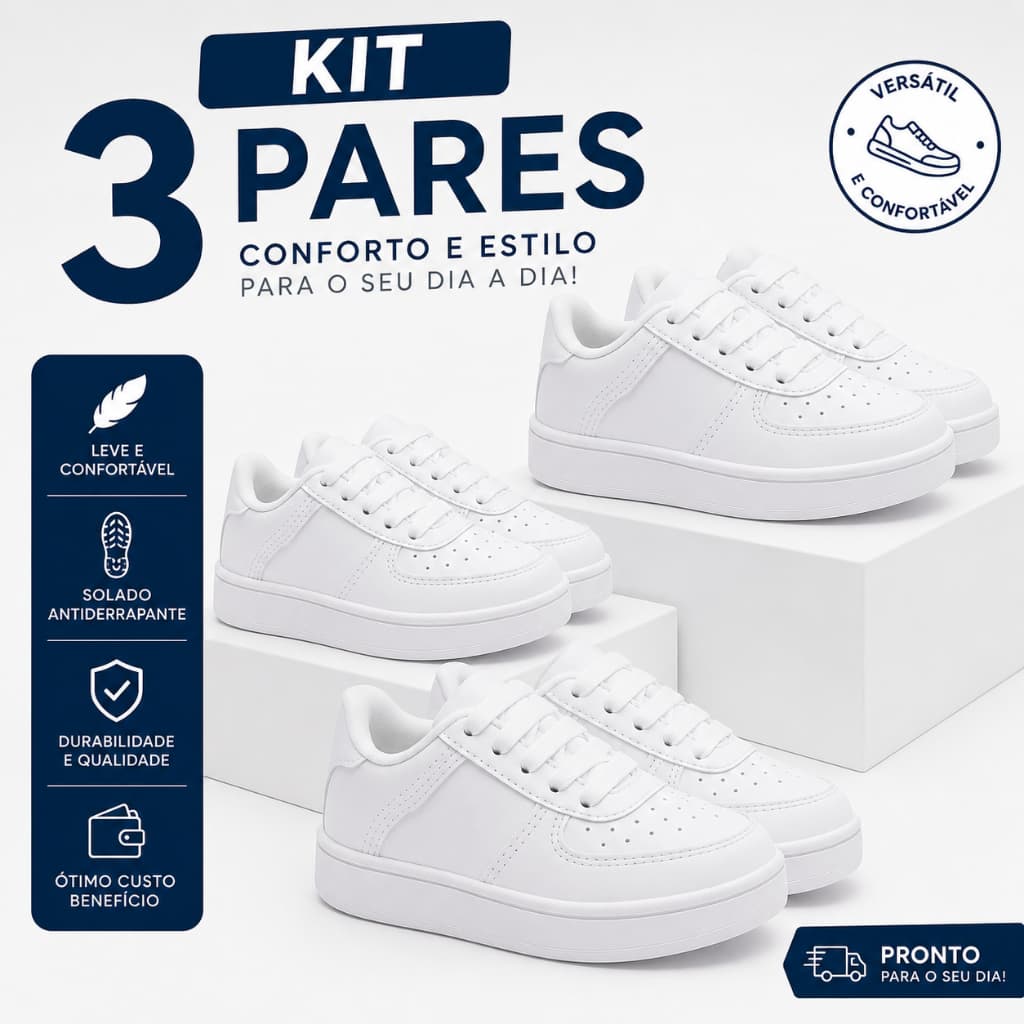KIT 3 PARES Tênis Branco para Bebê e Infantil: Conforto Estilo do 18 ao 33 Resistente Leve Novo Original