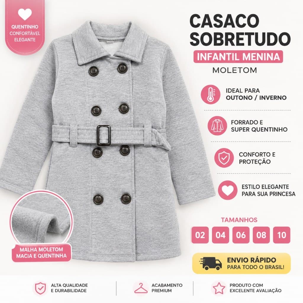 Casaco Sobretudo Infantil Menina Moletom Quentinho Inverno Tam 2 ao 10