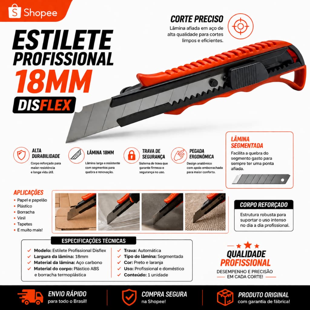 Estilete Profissional Com Trava 18mm Largo Disflex