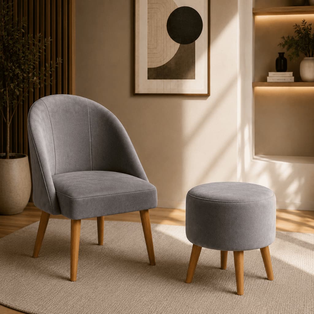 Kit Poltrona + Puff Lua Decorativo Veludo Cinza Pés Palito Madeira Sala Estar Jantar Quarto Recepção Consultório Luxo