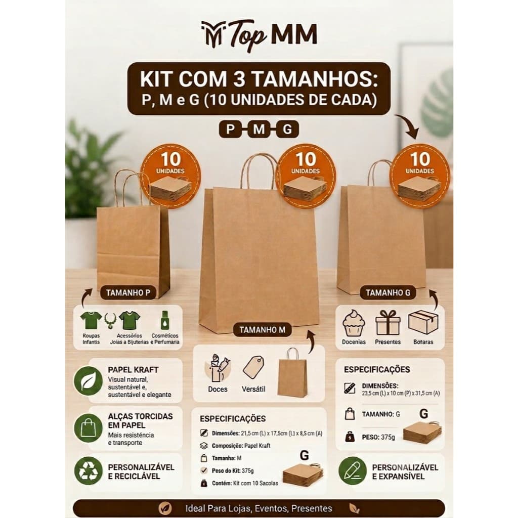 Kit Sacolas Kraft Tamanhos P, M e G 10 em cada tamanho - Parda