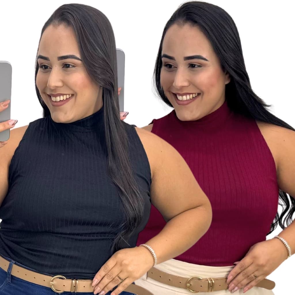 Kit de 2 Regatas | Malha Canelada Premium | Plus Size Gola Alta Cacharrel Sem Manga