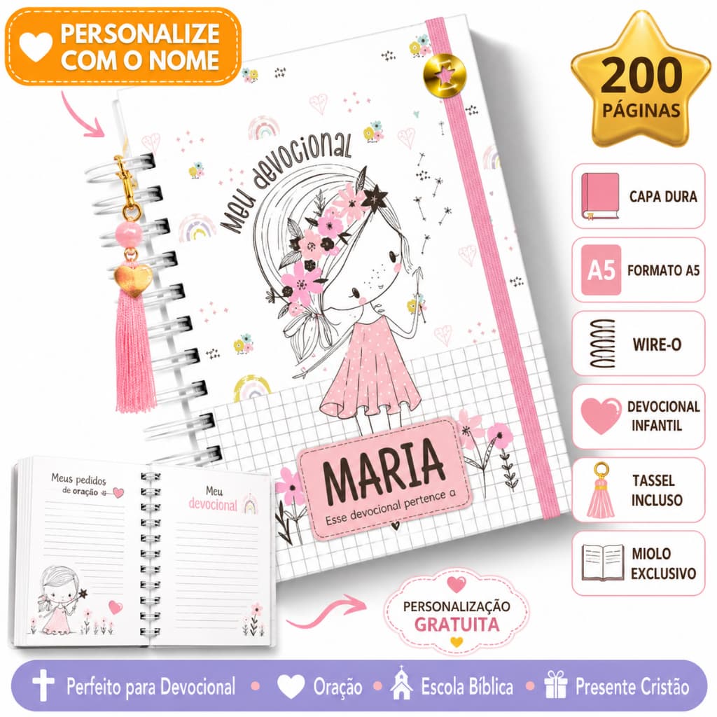 Caderno Devocional Infantil Personalizado A5 200 Páginas Cristão Evangélico Nome na Capa Criança