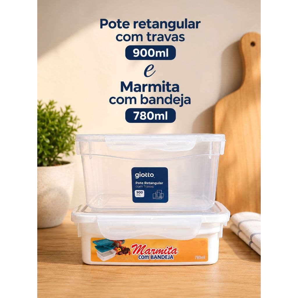 KIT 2 Potes Giotto Marmita Fitness com Tampa e Trava 780ml e Pote Organizador 900ml