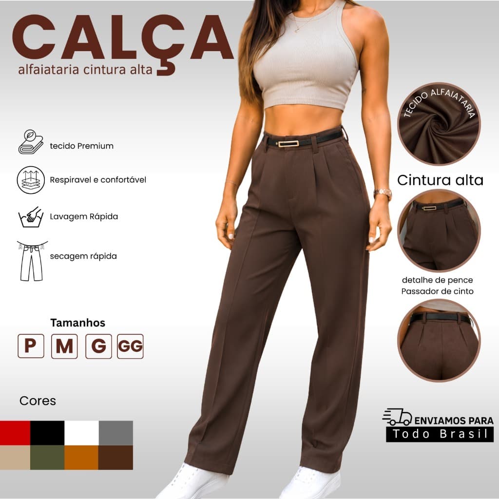 Calça Feminina Alfaiataria Cintura Alta Com Cinto Zíper Na Lateral Social e Elegante