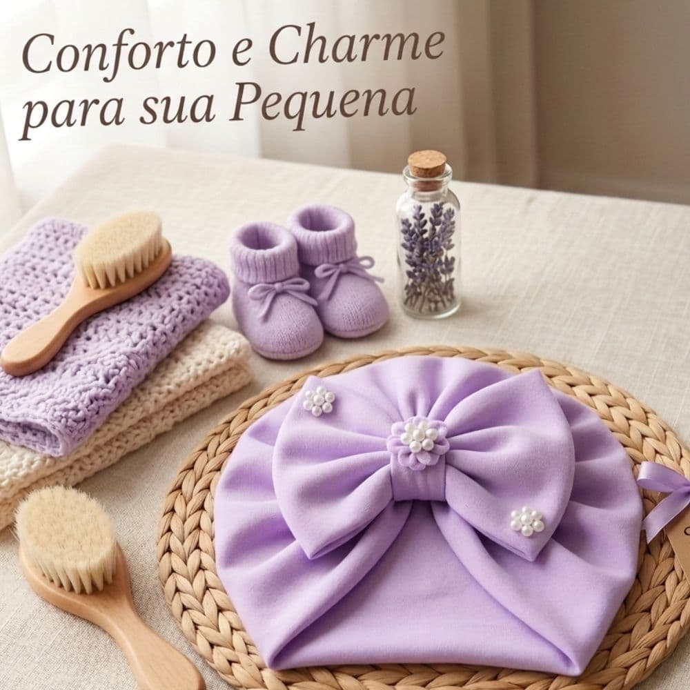 Touca Turbante com Laço para Bebê Rn até 12 m com aplique de florzinha e pérolas