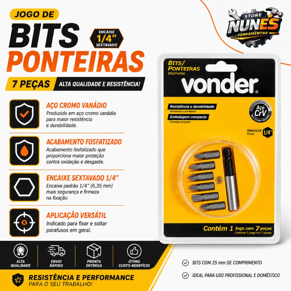 Jogo de bits/ponteiras com 7 peças encaixe sextavado 1/4" - Vonder