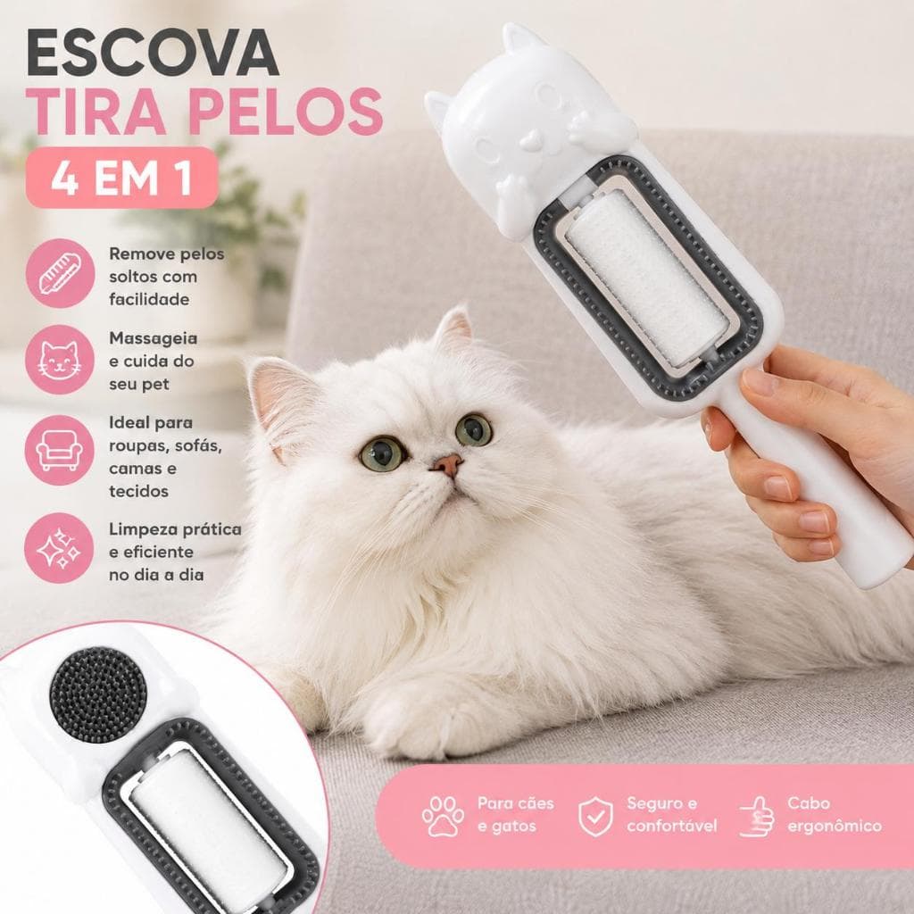 Escova Tira Pelos Pet 4 em 1 Rolo Removedor de Pelos Massageador para Caes e Gatos Limpeza de Roupas e Moveis