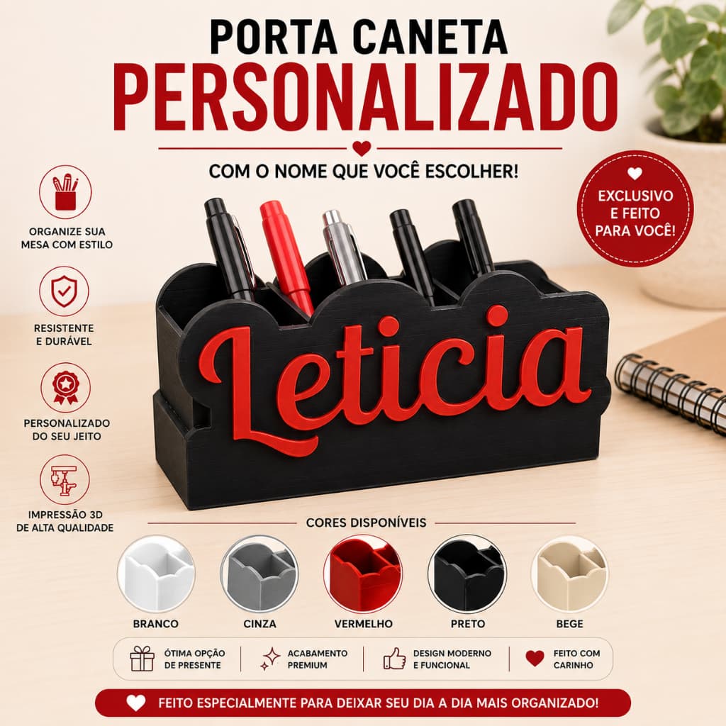 Porta Caneta Personalizado com Nome | Organizador de Mesa em Impressão 3D | Presente Criativo