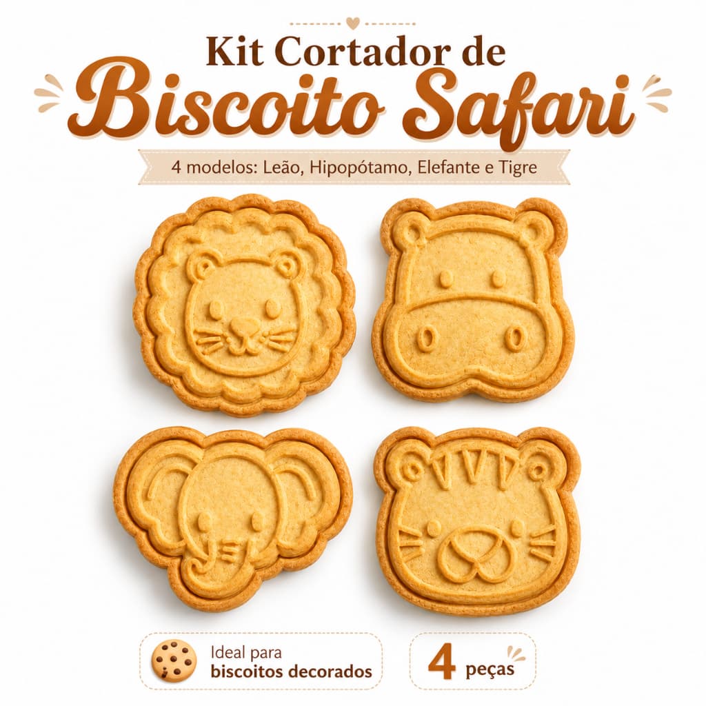 Kit Cortador de Biscoito Animais Safari 4 Peças Leão Elefante Tigre Hipopótamo