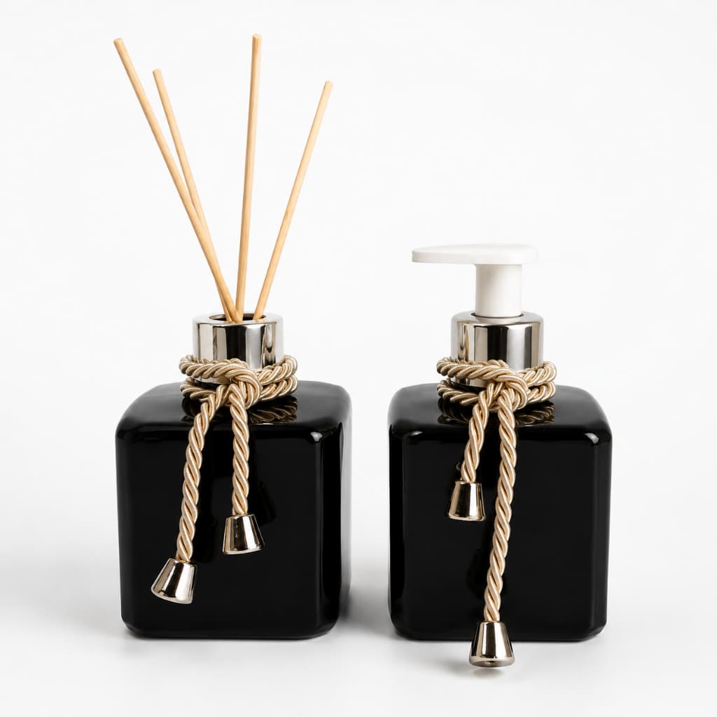 Kit Banheiro Luxo Preto/Branco Plástico 300ml | Difusor + Saboneteira Elegante Decorativa Lavabo