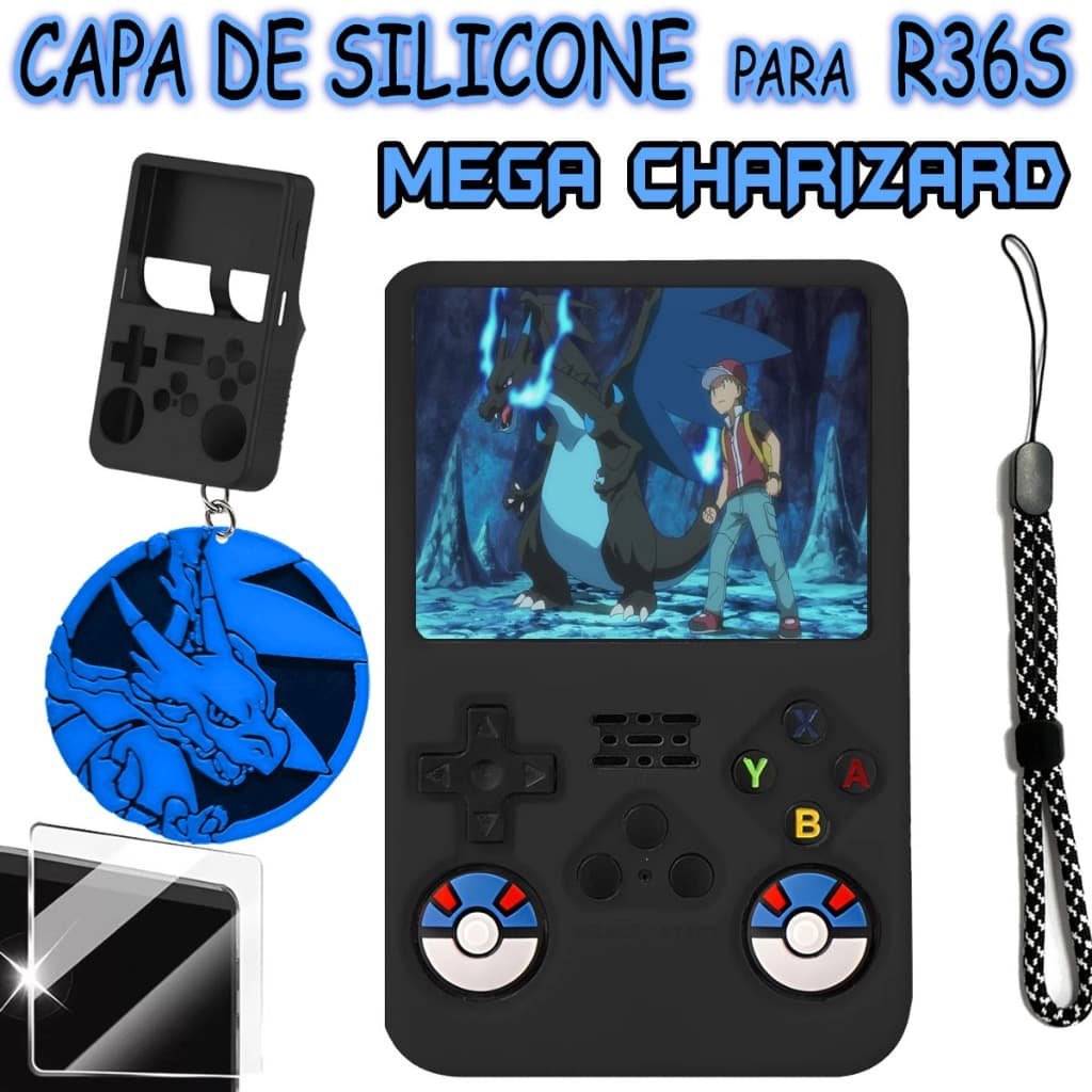 Case Capa de Silicone para R36S + Grips Kit Personalizado Pokemon Black Charizard + brinde