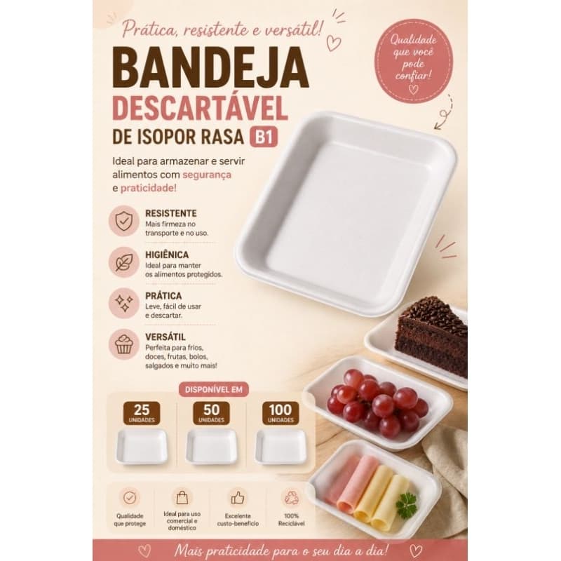 Bandeja de isopor descartável B1 ou B2 25/50/100
