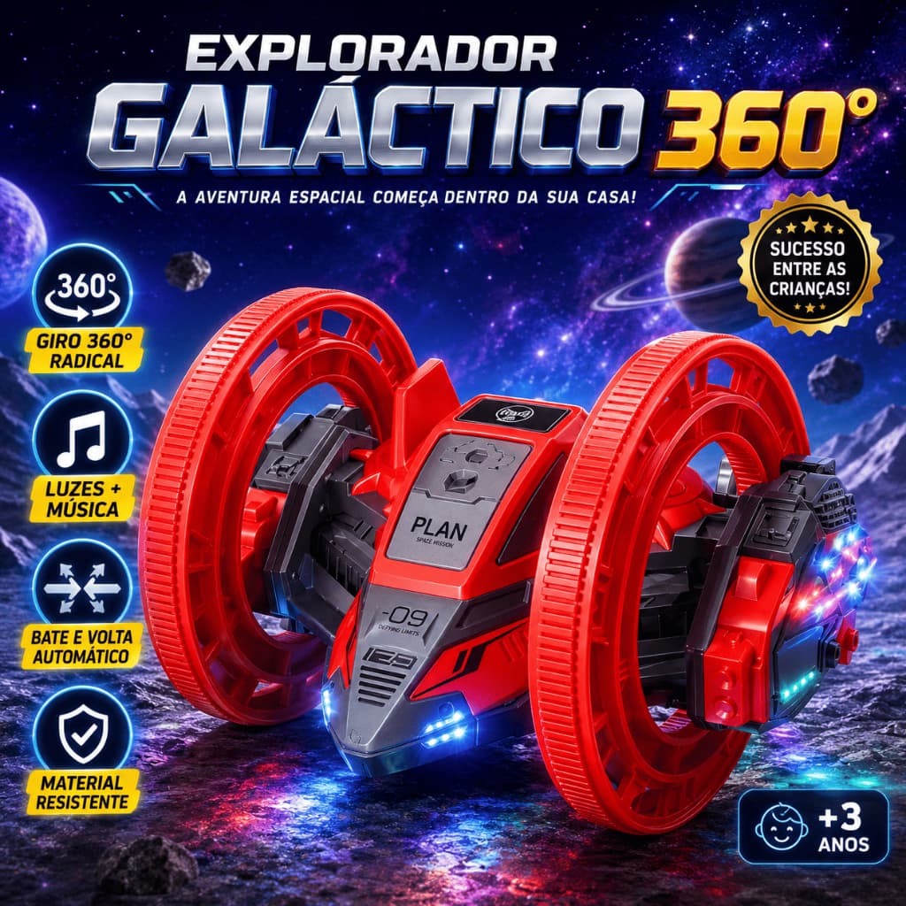 Carrinho Espacial Infantil Explorador Galáctico 360°   Luzes Música Giro 360 Bate e Volta INTERATIVO