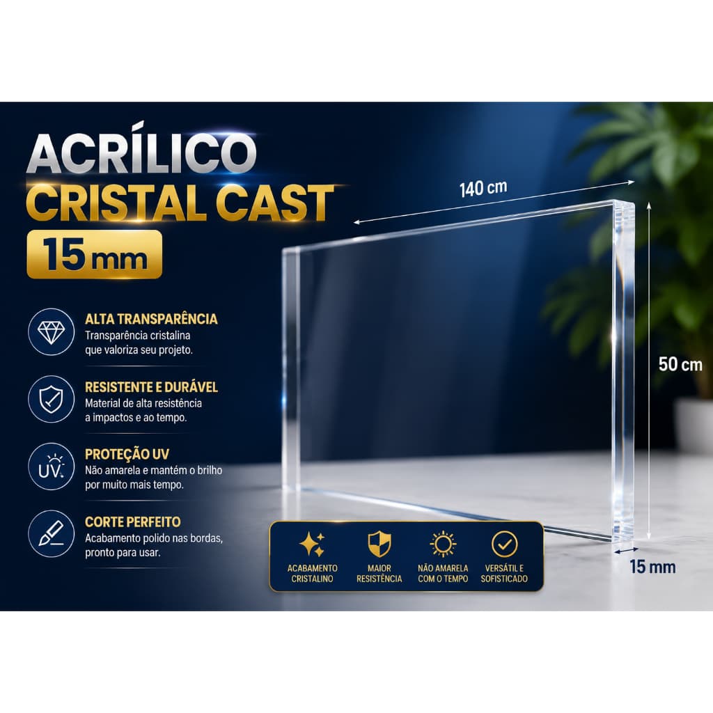Acrílico Cristal Cast 15mm  140x50