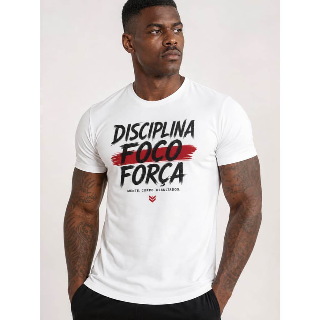 Camiseta Academia 100% Algodão Estampada Disciplina Foco e Força Unissex