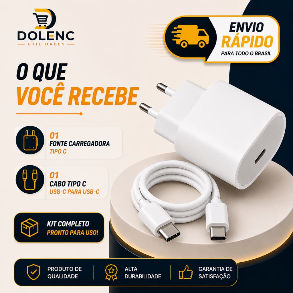 Kit Fonte Carregador USB-C + Cabo Tipo C Carregamento Rápido Compatível Android