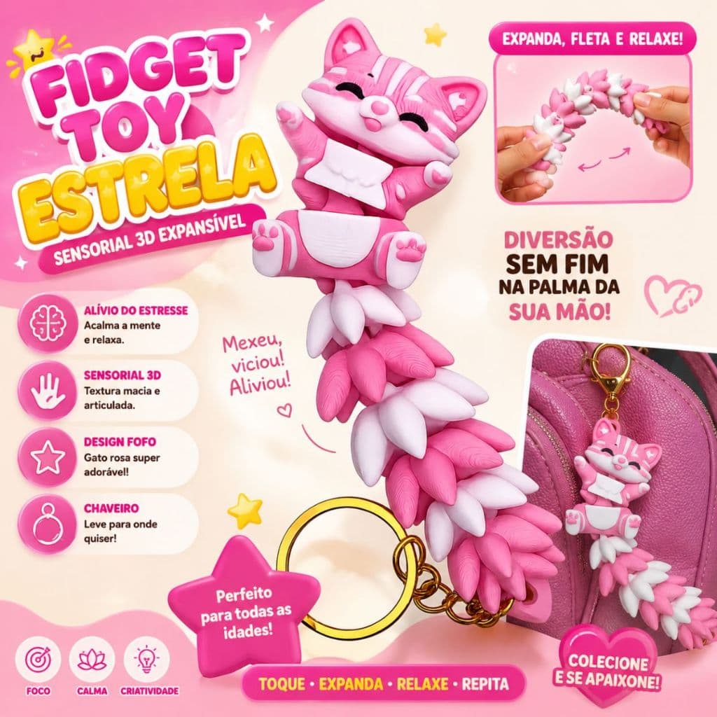 Chaveiro Fidget Toy Gato Sensorial 3D Antiestresse Articulado Expansível Relaxante Presente Fofo