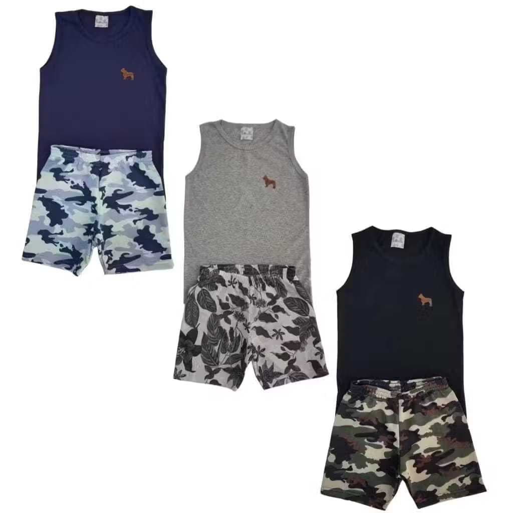 Conjunto Infantil e Juvenil Regata Bermuda Camuflada Masculino Verão Tamanho 1 ao 10