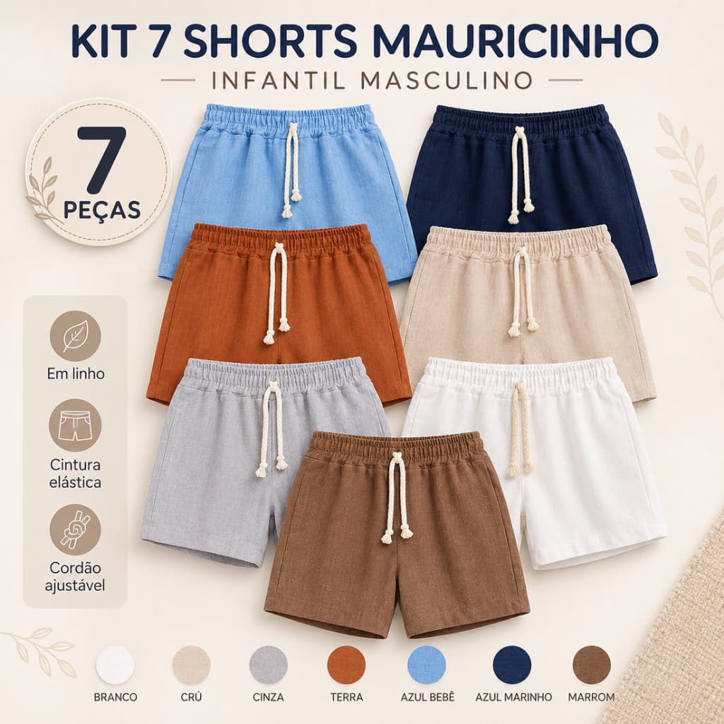 Kit 7 Shorts Mauricinho infantil masculino em linho