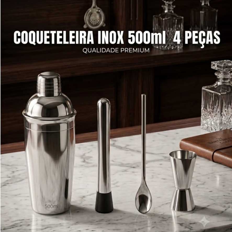 Coqueteleira Inox 500ml 4 Peças Barman Bar tende Drinks Casa Bar
