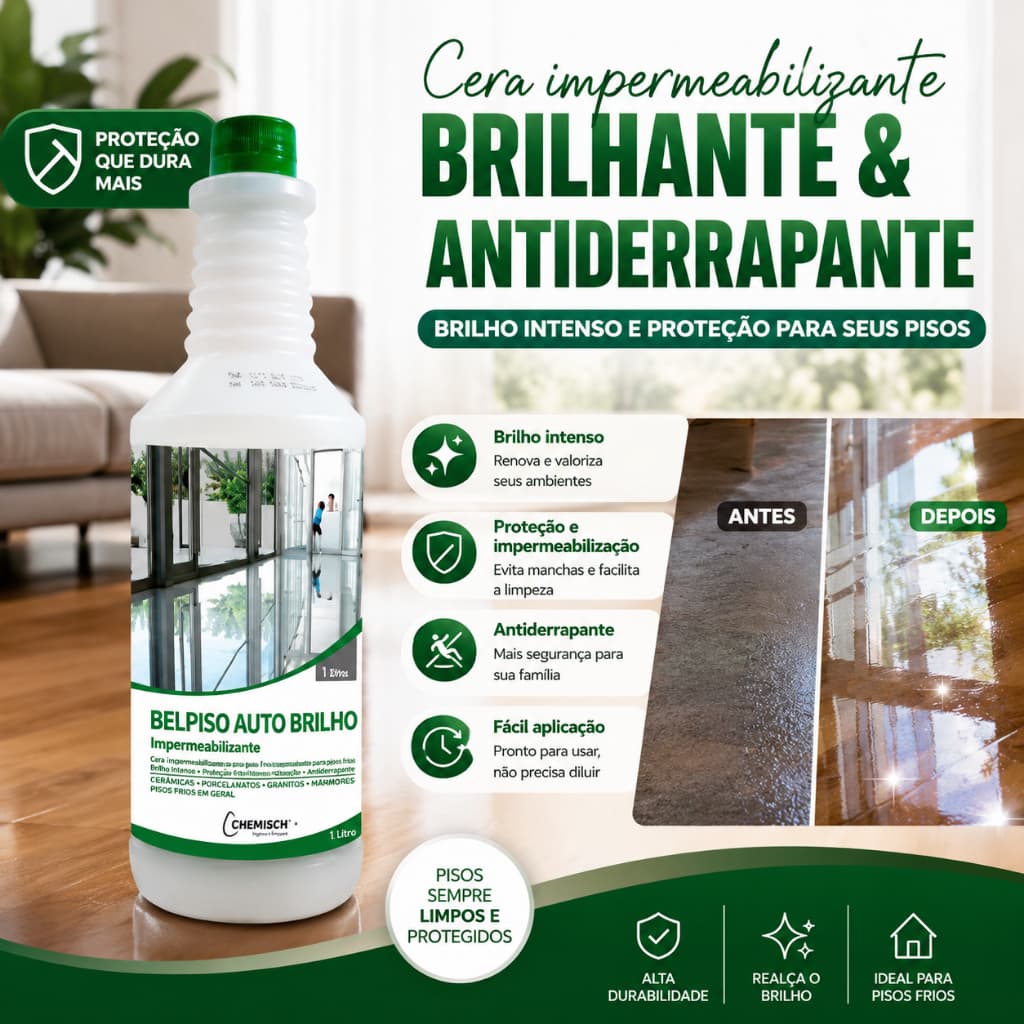 Cera Liquida Belpiso Auto Brilho Chemisch – Brilho Imediato para Todos os Tipos de Piso da Casa 1L