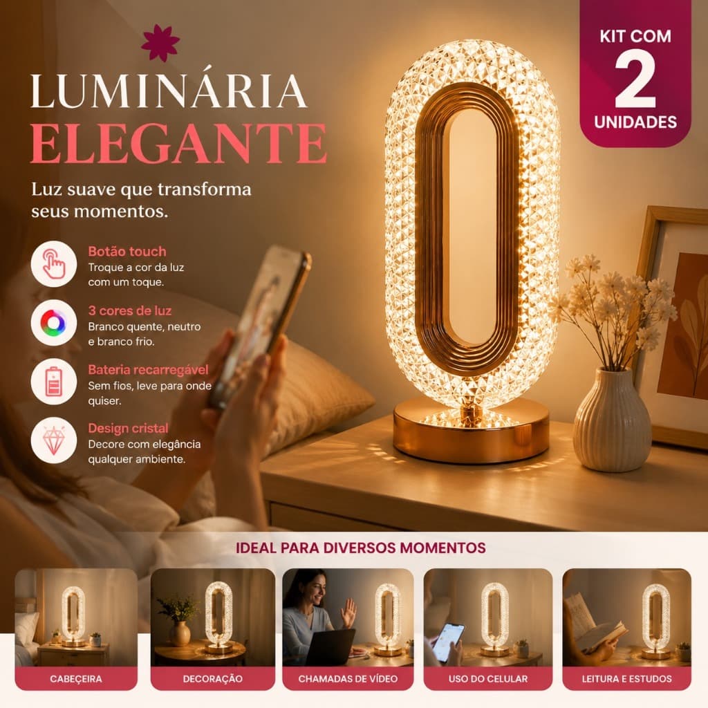 Kit 2 Luminárias Cristal LED Touch USB Sem Fio Quarto Decor