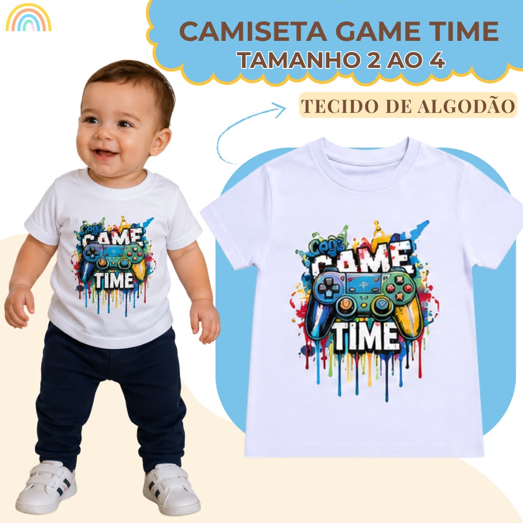 Camisa Infantil Bebê Menino Game Time Boy Camiseta Masculina Tecido Algodão Tamanho 2 ao 16